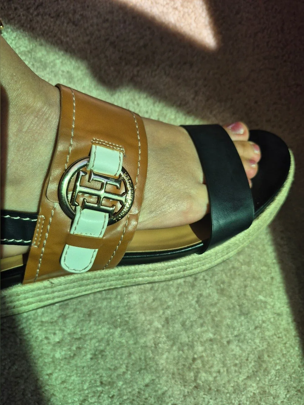 Tommy Hilfiger Two-Tone Black, Tan & White Espadrille Platform Sandals